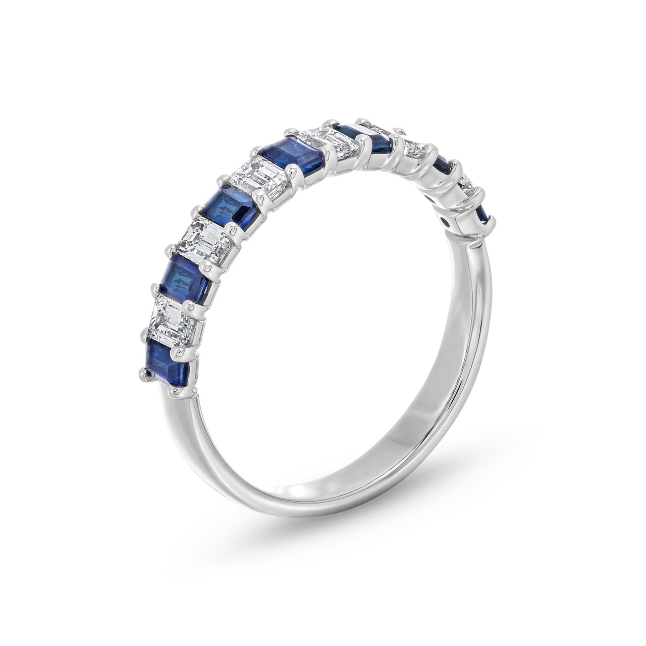 Blue Sapphire and Diamond Emerald Cut 1/2 Way Wedding Band 2