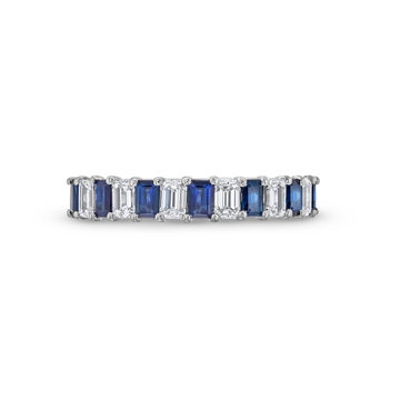 Blue Sapphire and Diamond Emerald Cut 1/2 Way Wedding Band In Solid 14K White Gold