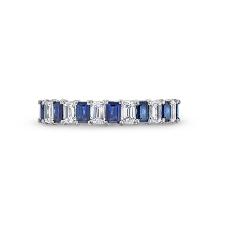 Blue Sapphire and Diamond Emerald Cut 1/2 Way Wedding Band In Solid 14K White Gold