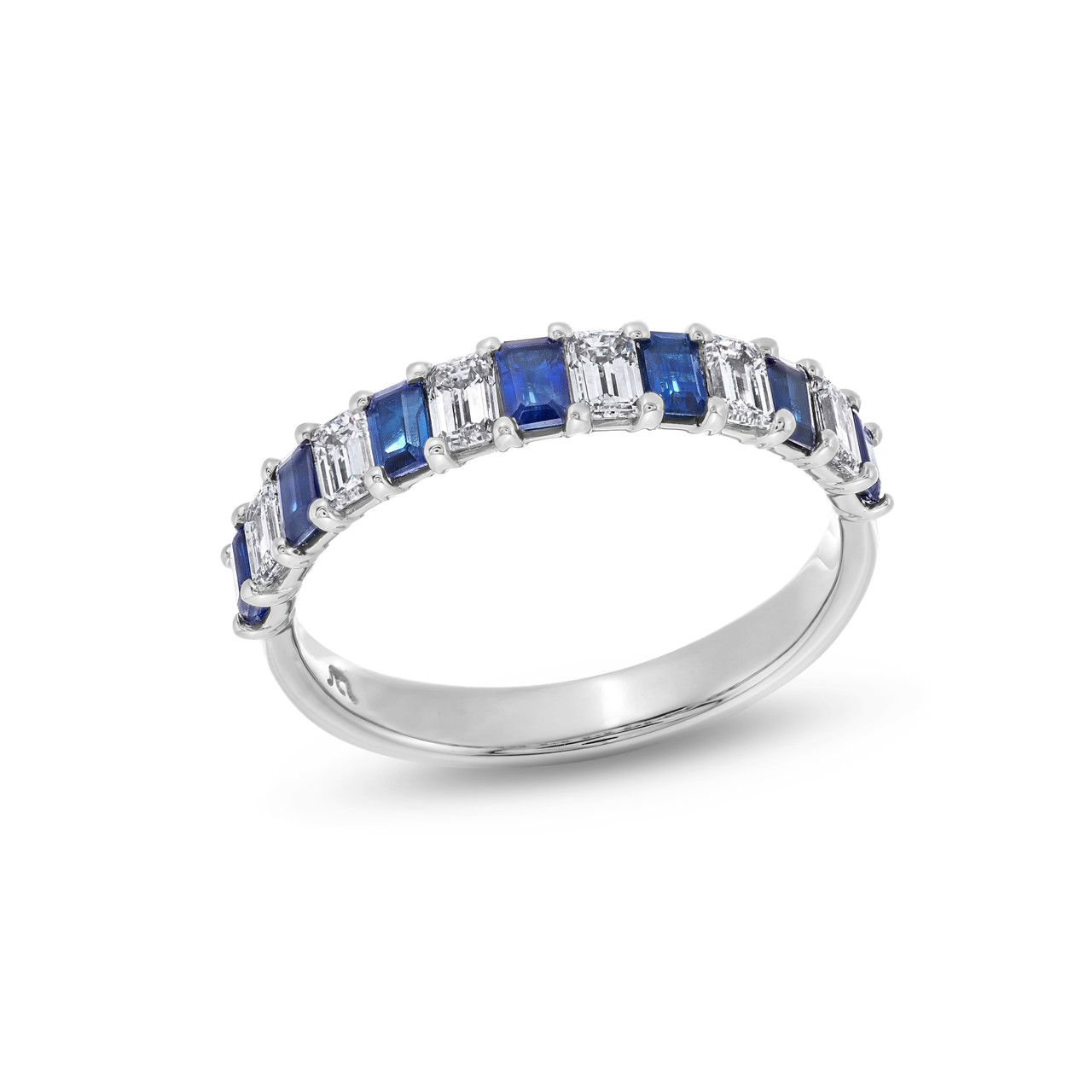 Blue Sapphire and Diamond Emerald Cut 1/2 Way Wedding Band 1