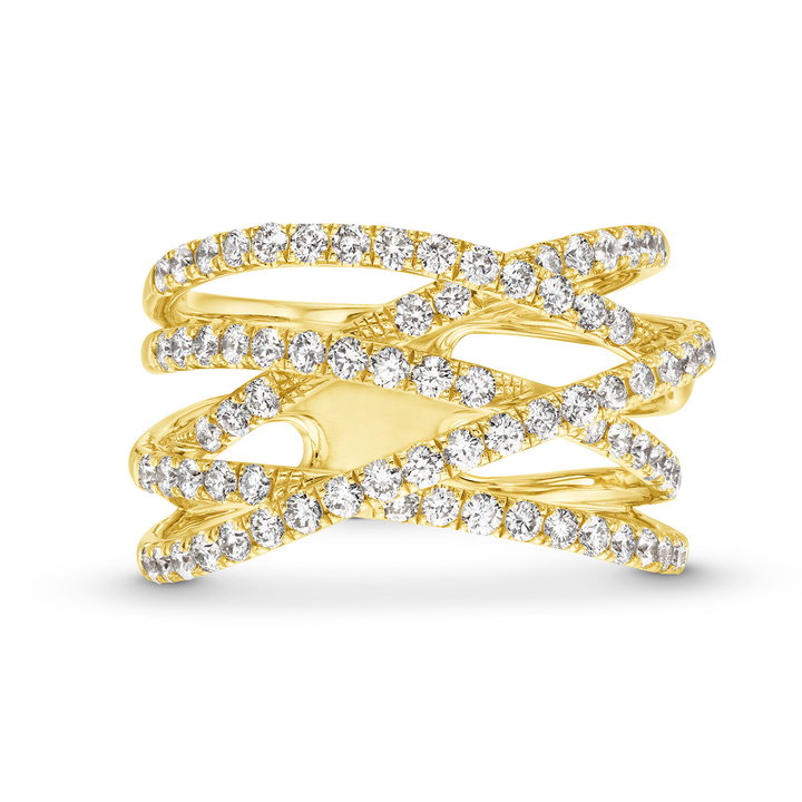 Multirow Diamond Crossover Ring In Yellow Gold 14K