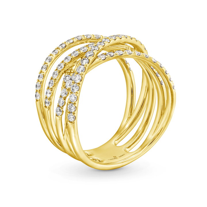 Multirow Diamond Crossover Ring In Yellow Gold 14K