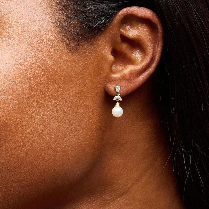Four Stone Pearl Drop Stud Earrings