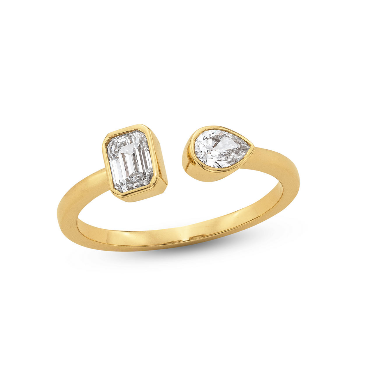 Emerald and Pear Shape Diamond Bezel Open Ring