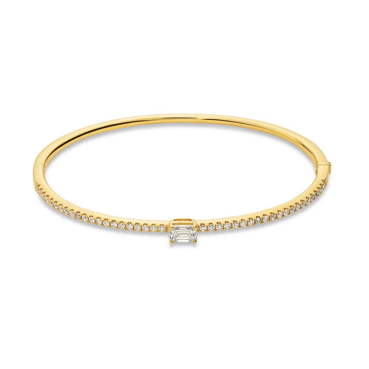 Yellow Gold 18K Emerald Cut Center Diamond Bangle Bracelet