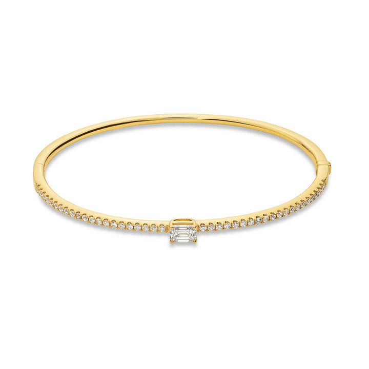 Emerald Cut Center Diamond Bangle Bracelet In Yellow Gold 18K