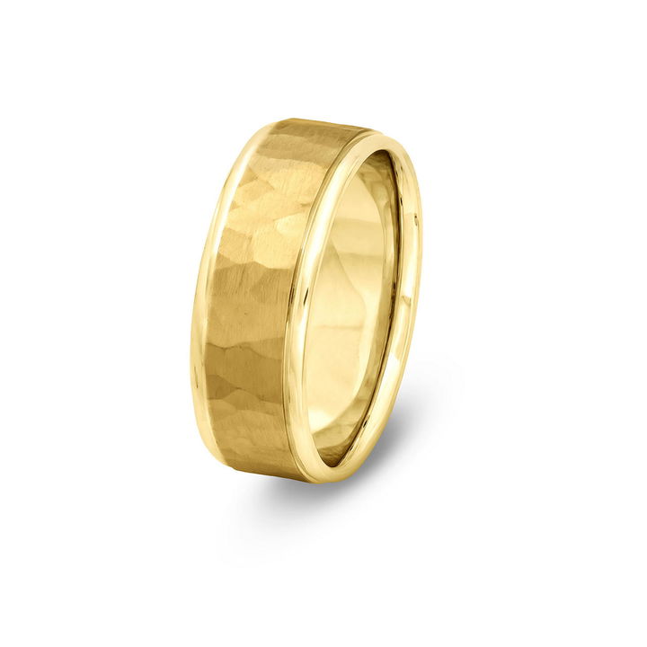 Yellow Gold 14K Hammered High Polish Edge 7mm Wedding Band