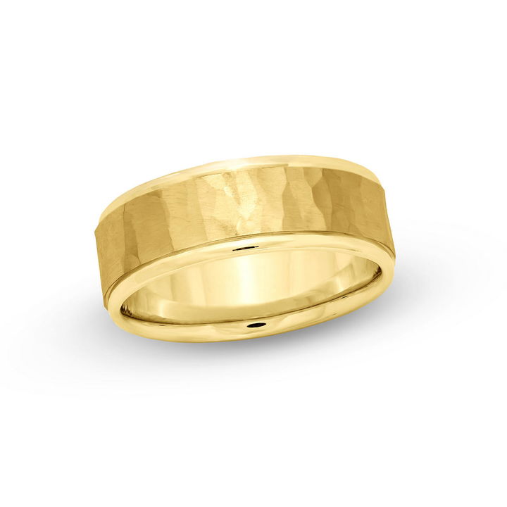 Yellow Gold 14K Hammered High Polish Edge 7mm Wedding Band