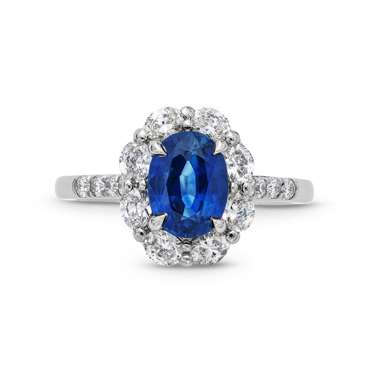 Oval Blue Sapphire Diamond Halo Ring In Solid 14K White Gold