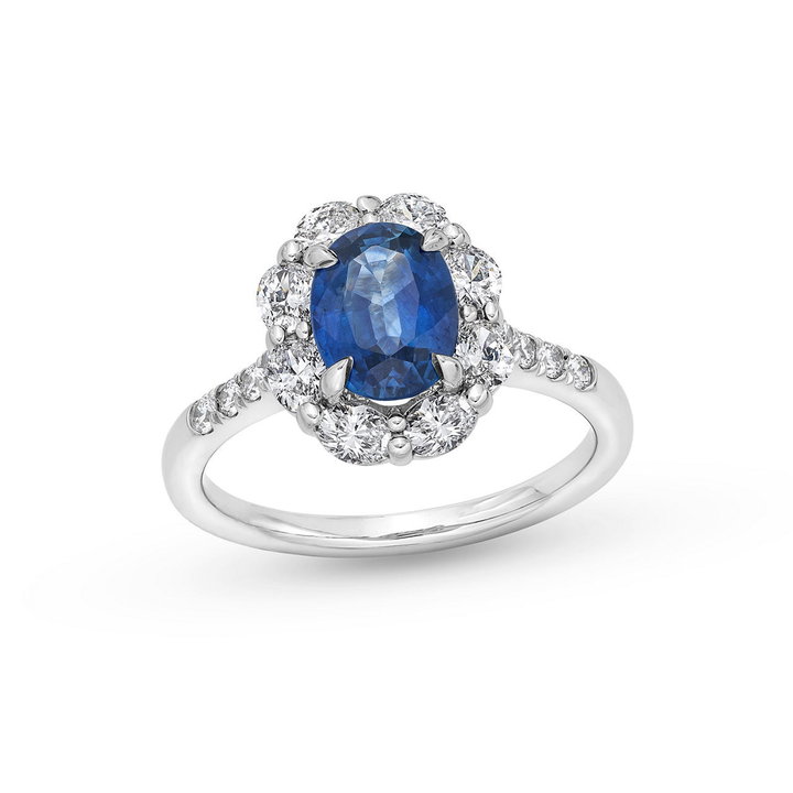 Oval Blue Sapphire Diamond Halo Ring In Solid 14K White Gold