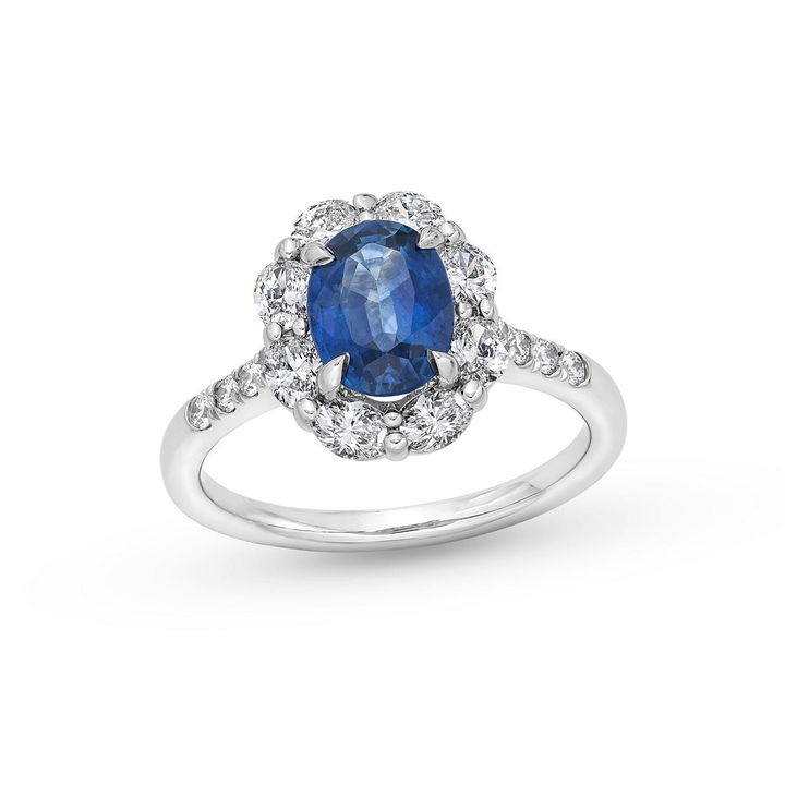 Oval Blue Sapphire Diamond Halo Ring