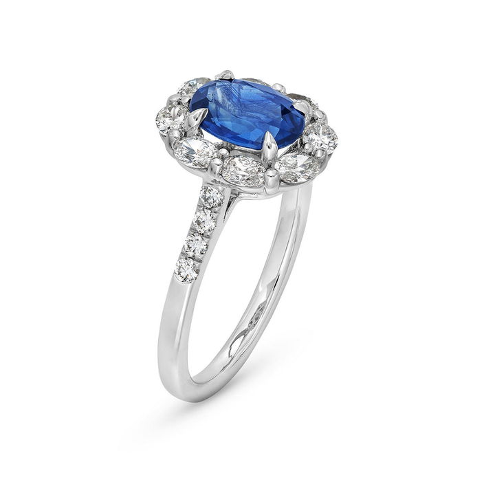 Oval Blue Sapphire Diamond Halo Ring