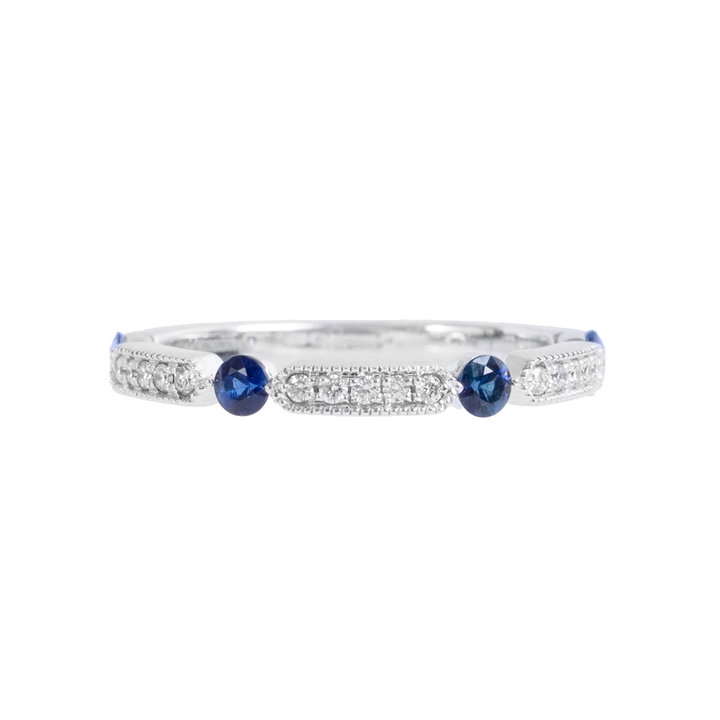 Sapphire (0.35tw) Diamond (0.11tw) White Gold Wedding Band In Solid 14K White Gold