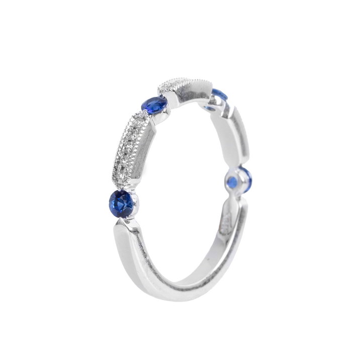 Sapphire (0.35tw) Diamond (0.11tw) White Gold Wedding Band In Solid 14K White Gold