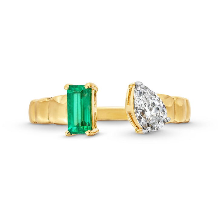 Green Emerald Pear Shaped Diamond Open Wrap Ring