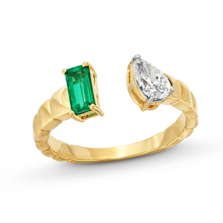 Green Emerald Pear Shaped Diamond Open Wrap Ring