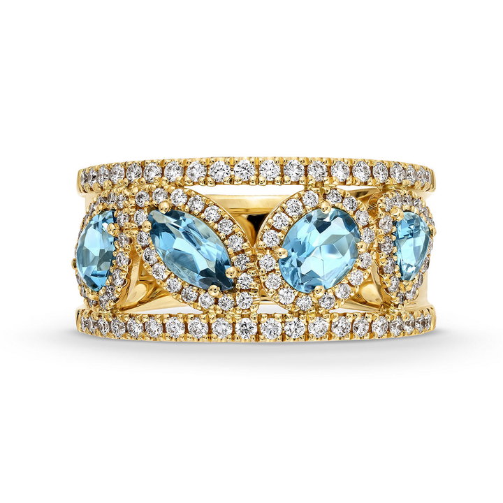 Mixed Shape Aquamarine Diamond Ring In Solid 14K Yellow Gold