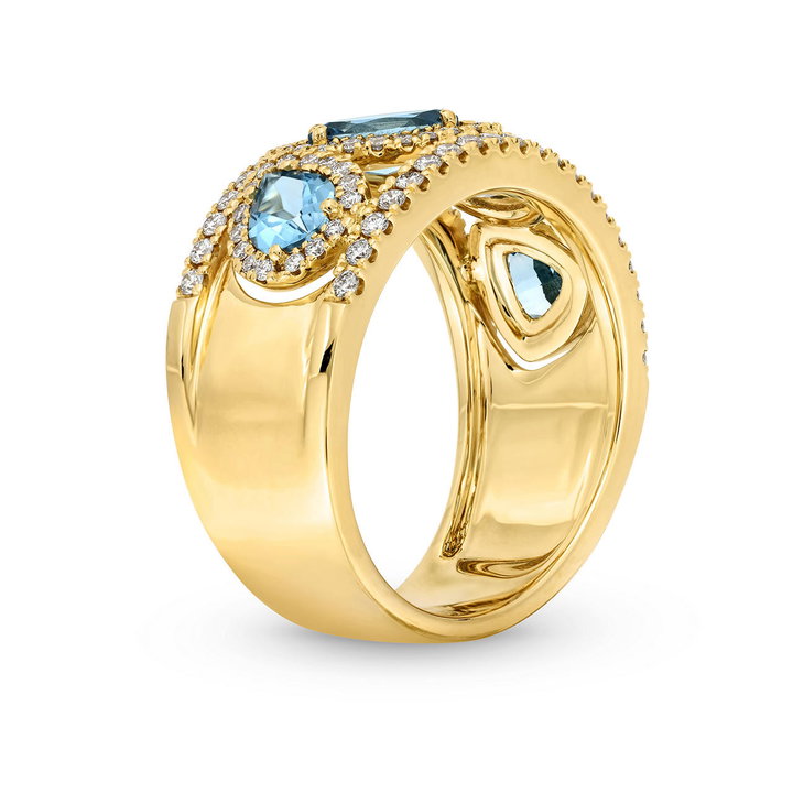 Mixed Shape Aquamarine Diamond Ring In Solid 14K Yellow Gold