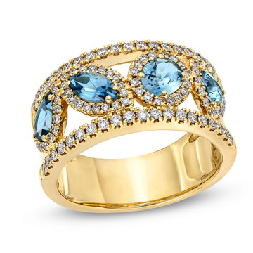 Mixed Shape Aquamarine Diamond Ring In Solid 14K Yellow Gold