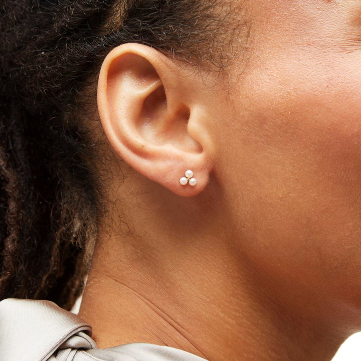 Trio Pearl Stud Earrings In Solid 14K Yellow Gold