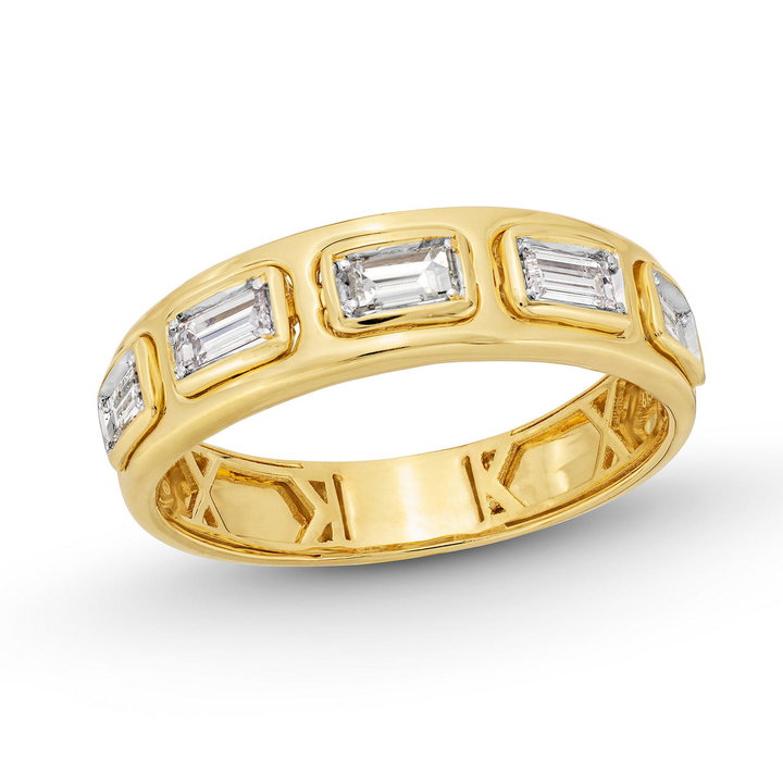 Five Baguette Diamond Bezel Ring In Solid 14K Yellow Gold