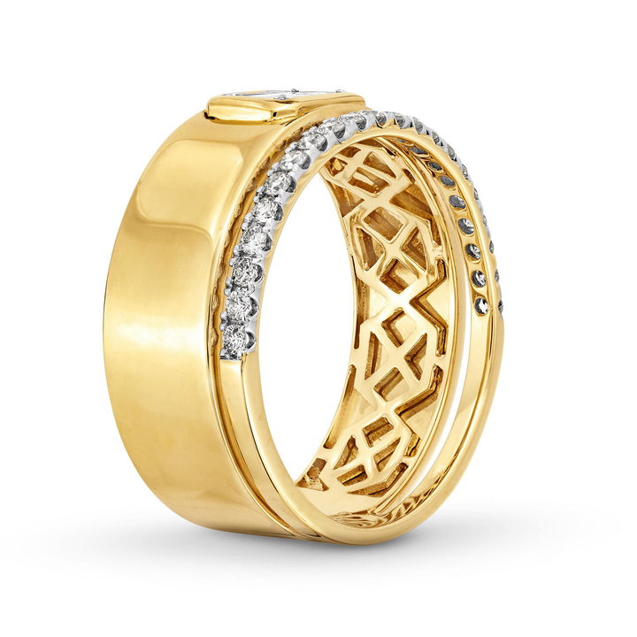 Two Row Baguette Bezel Diamond Ring In Solid 14K Yellow Gold