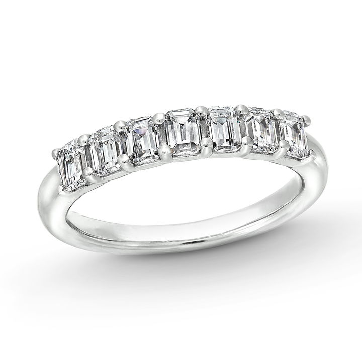 White Gold 14K Seven Stone Emerald Diamond Wedding Band