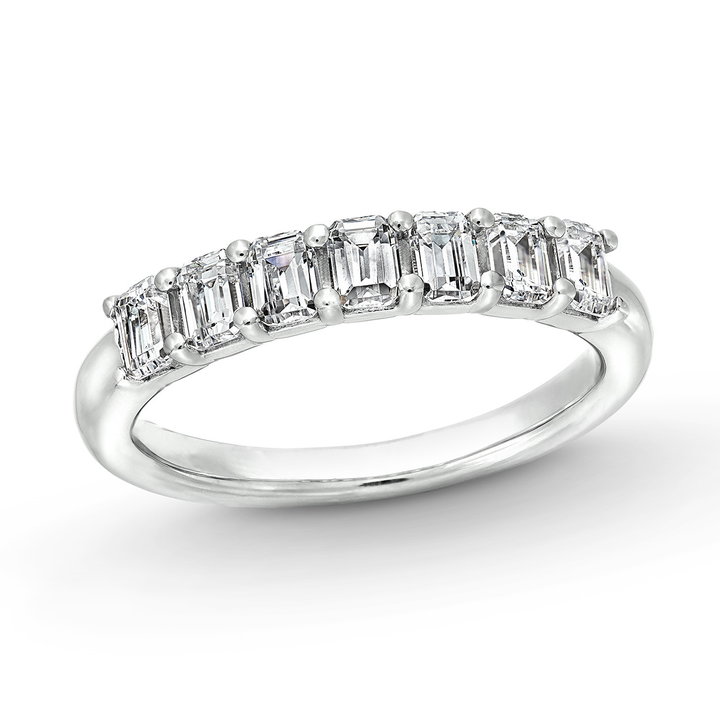 Seven Stone Emerald Diamond Wedding Band In White Gold 14K