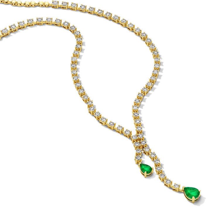 Pear Shaped Green Emerald Y-Shape Diamond Necklace (2tw) In Solid 14K Yellow Gold