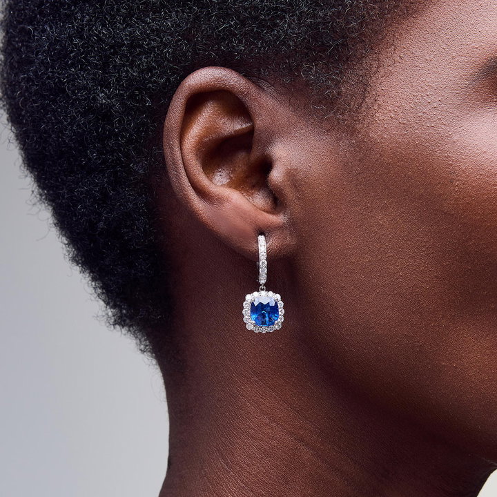Blue Sapphire Diamond Earrings (5.26tw) In Solid 18K White Gold