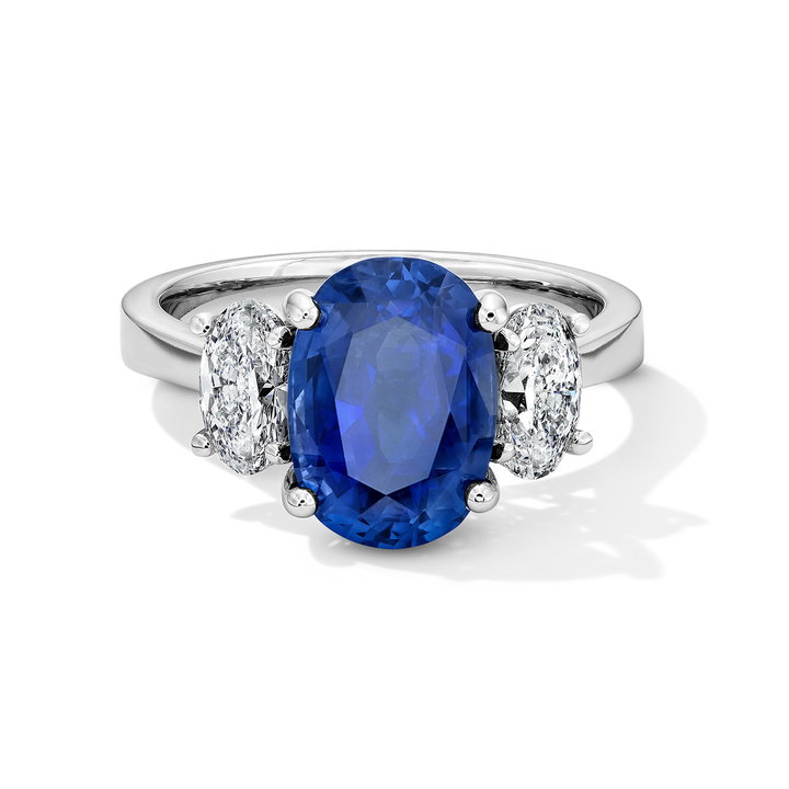 Blue Sapphire Three Stone Engagement Ring (4.17tw) In Solid 14K White Gold