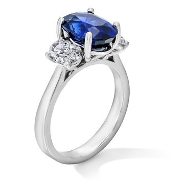 Blue Sapphire Three Stone Engagement Ring (4.17tw) In Solid 14K White Gold