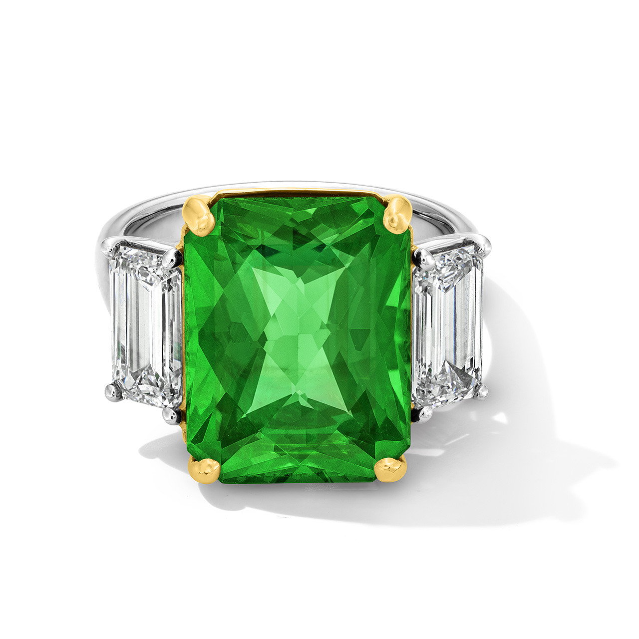 Green Emerald Three Stone Diamond Engagement Ring (7.23tw)
