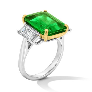 Green Emerald Three Stone Diamond Engagement Ring (7.23tw) In Yellow Gold/platinum 18K