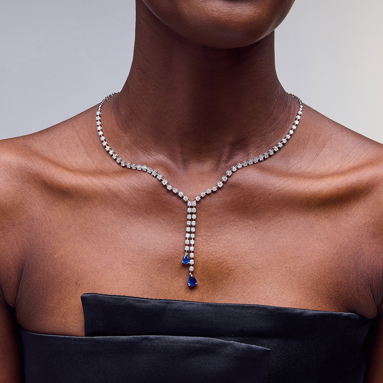 Pear Shaped Blue Sapphire Y-Shape Diamond Necklace (2.10tw)