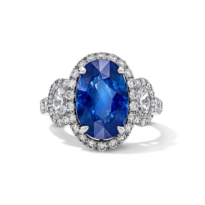 Oval Blue Sapphire Diamond Engagement Ring (6.11tw) In Solid 18K White Gold