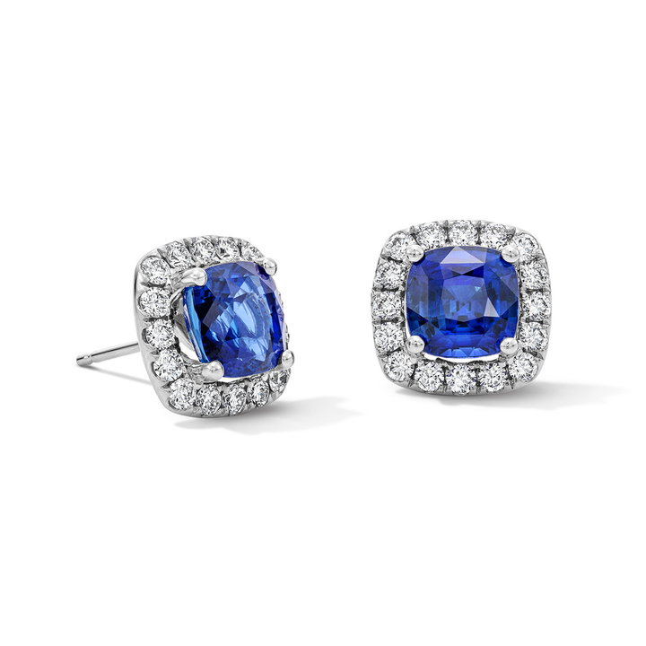 Blue Sapphire Halo Diamond Stud Earrings (5.24tw) In Solid 18K White Gold