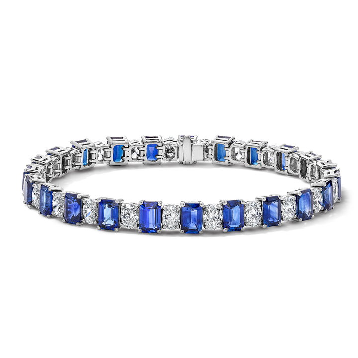 Blue Sapphire Diamond Tennis Bracelet (15.95tw) In Solid 18K White Gold