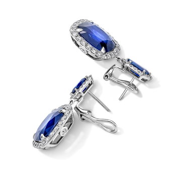 Blue Sapphire Halo Diamond Earrings (19.07tw) In Solid 18K White Gold