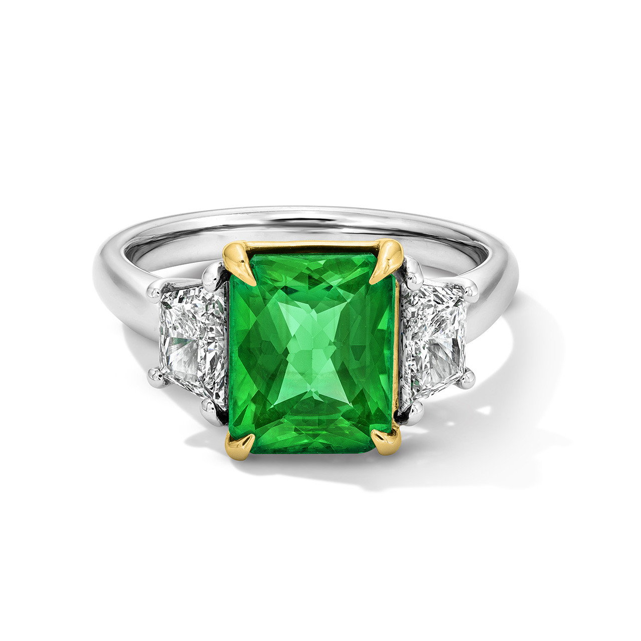Green Emerald Three Stone Diamond Engagement Ring (2.66tw)