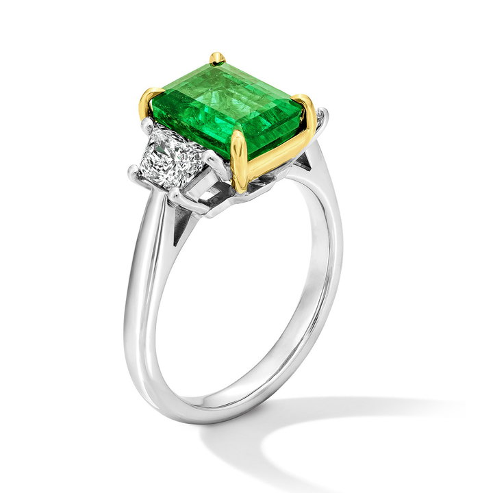 Green Emerald Three Stone Diamond Engagement Ring (2.66tw) In Solid 18K Yellow Gold/platinum