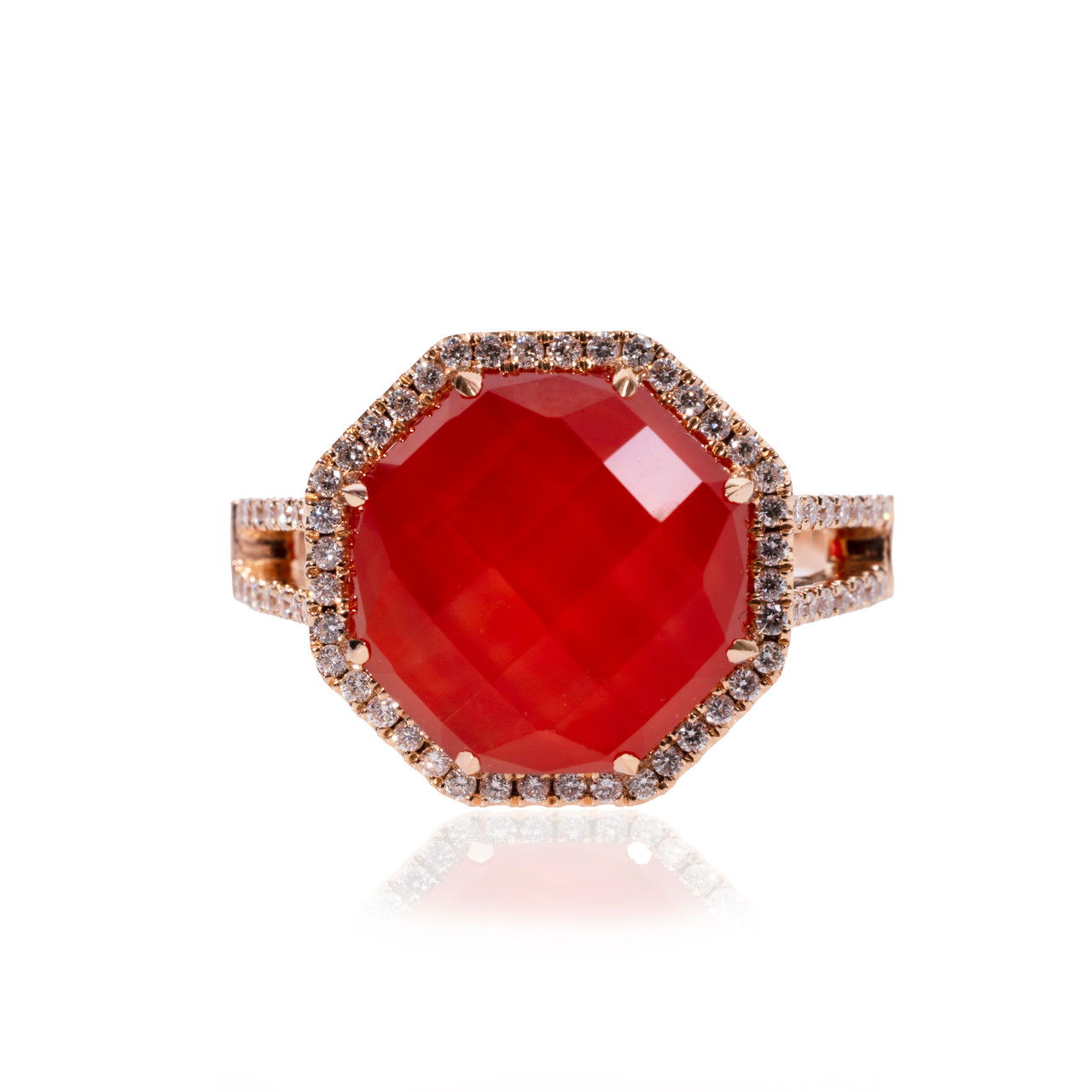 Red Agate Halo Diamond Ring