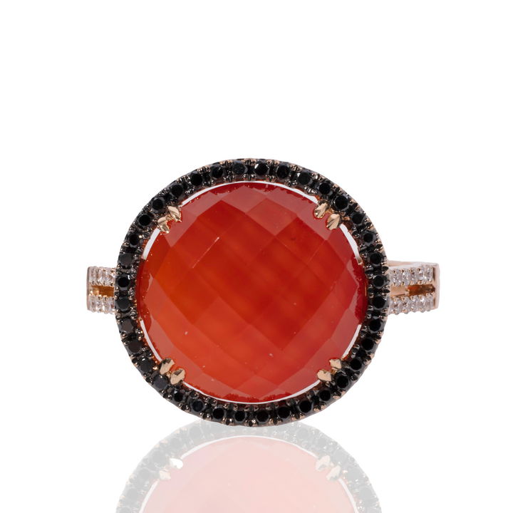 Red Agate Halo Black Diamond Ring In Rose Gold 18K