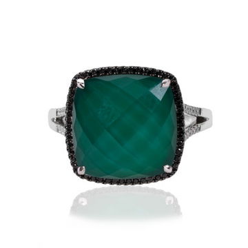 Green Agate Halo Black Diamond Ring