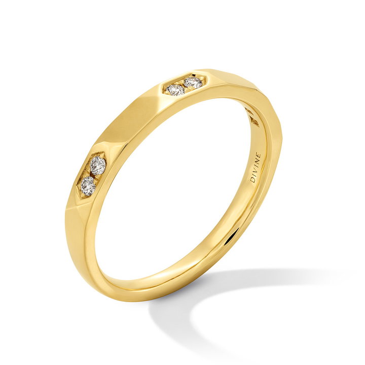 Double Diamond High Polished Wedding Band In Solid 14K Yellow Gold