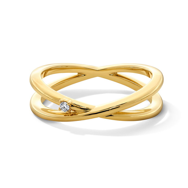 Single Diamond Criss Cross Ring In Solid 14K Yellow Gold