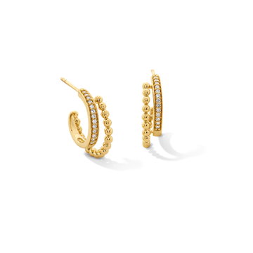 Double Hoop Beaded Diamond Huggie Earrings In Yellow Gold 14K