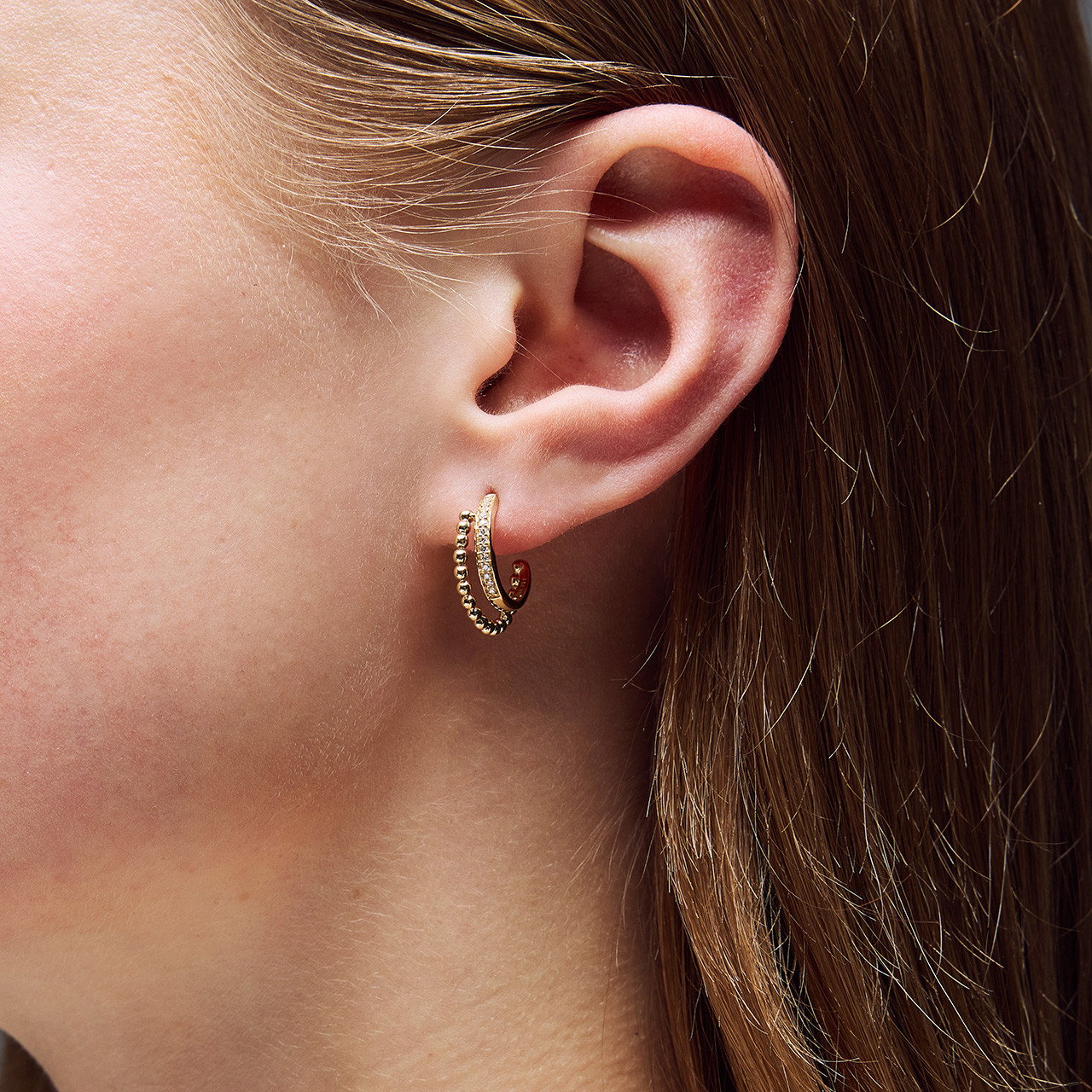 Double Hoop Beaded Diamond Huggie Earrings