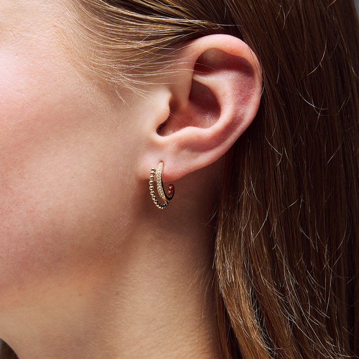 Double Hoop Beaded Diamond Huggie Earrings In Yellow Gold 14K