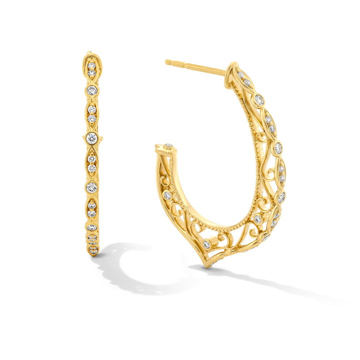 Verragio Medium Filigree Diamond Hoop Earrings In Yellow Gold 18K